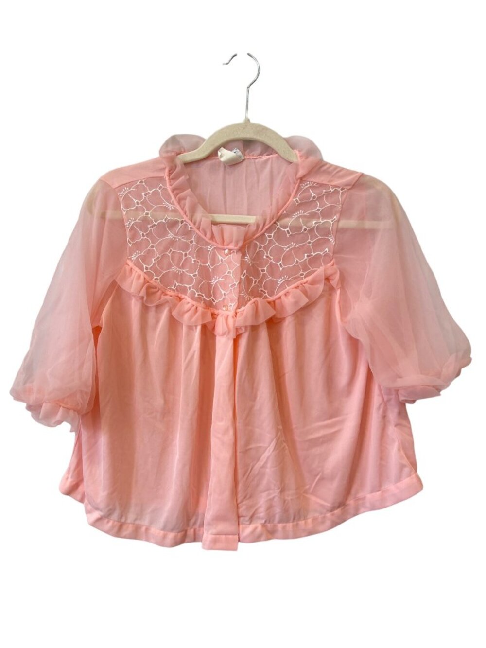 Vintage 60s Sears Bedroom Jacket Medium Sheer Embroidered Ruffle Fairy Coquette